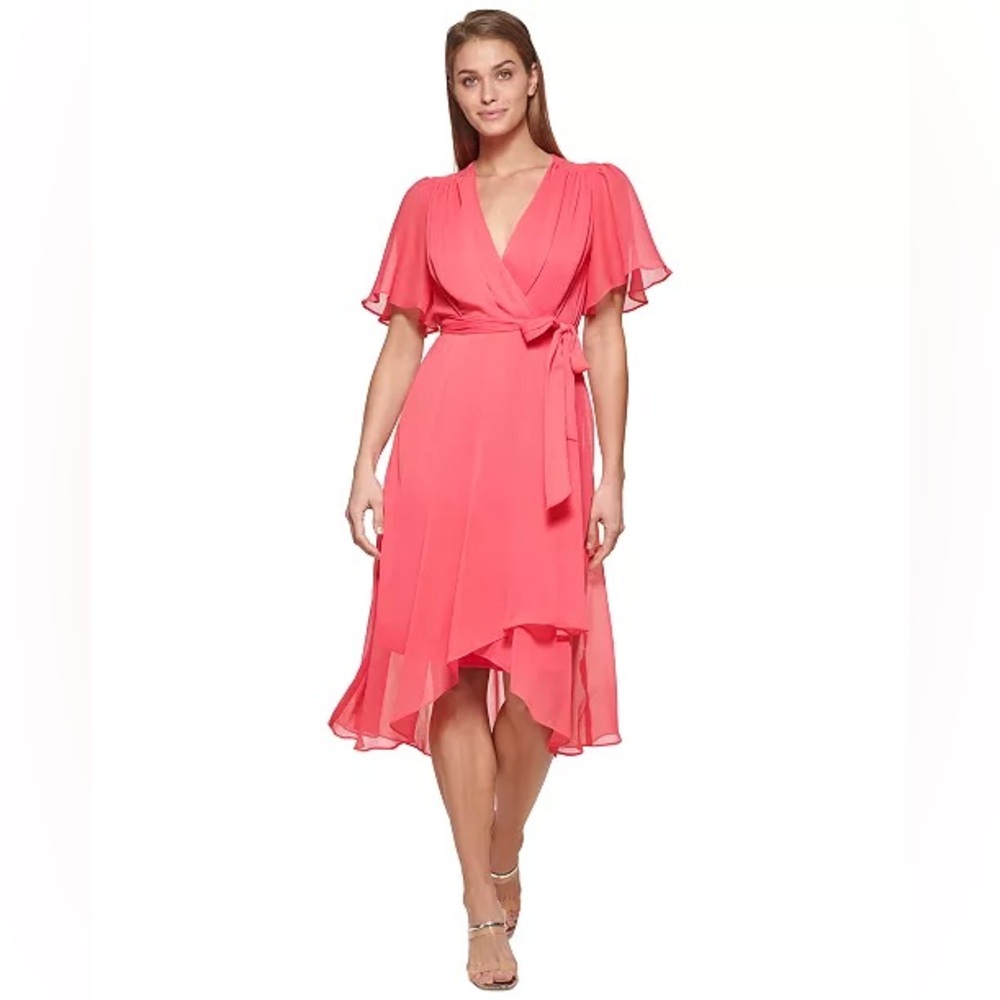 NWOT DKNY PINK‎ FLUTTER SLEEVE FAUX WRAP DRESS SIZE 8, HIGH LOW SHORT SLEEVE